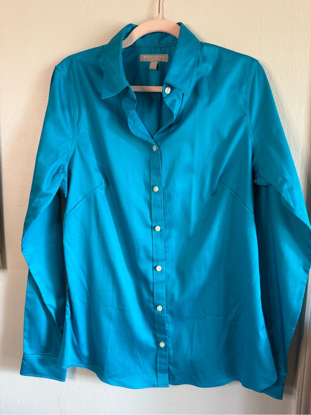 Banana Republic Vibrant Teal Blue Satin Classic Fit Button Up Blouse